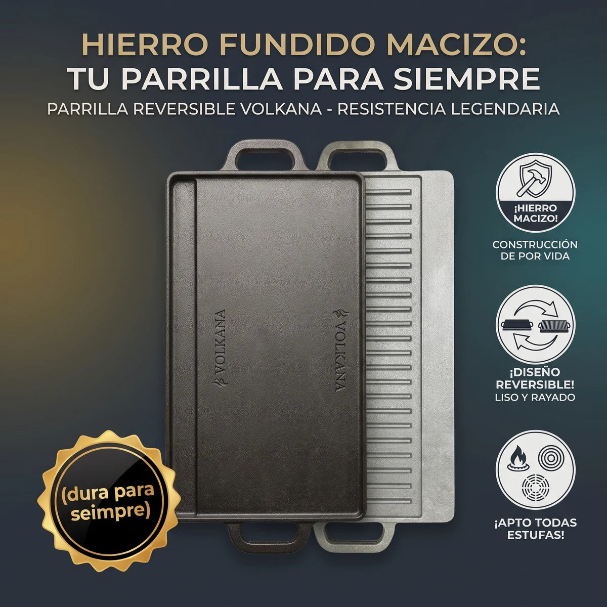 Parrilla reversible Volkana de hierro fundido macizo: construccion de por vida, diseno reversible liso y rayado, apta para todas las estufas