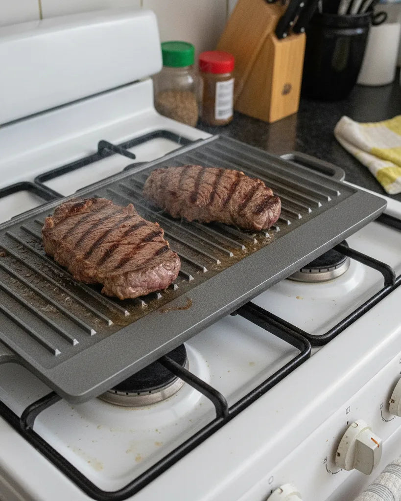 Carne sellada en el lado estriado