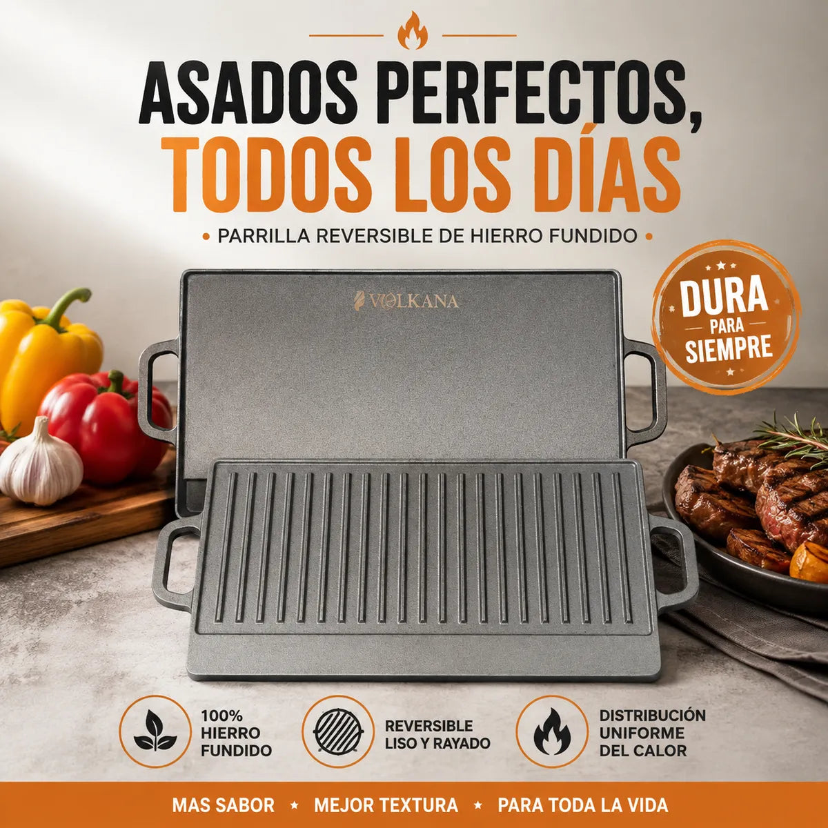 Parrilla reversible de hierro fundido: cara lisa y cara estriada, 100% hierro fundido, distribucion uniforme del calor