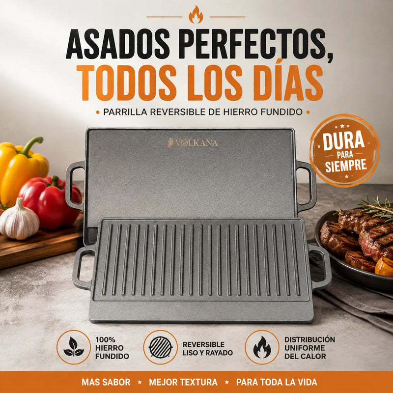 Parrilla reversible de hierro fundido: cara lisa y cara estriada, 100% hierro fundido, distribucion uniforme del calor