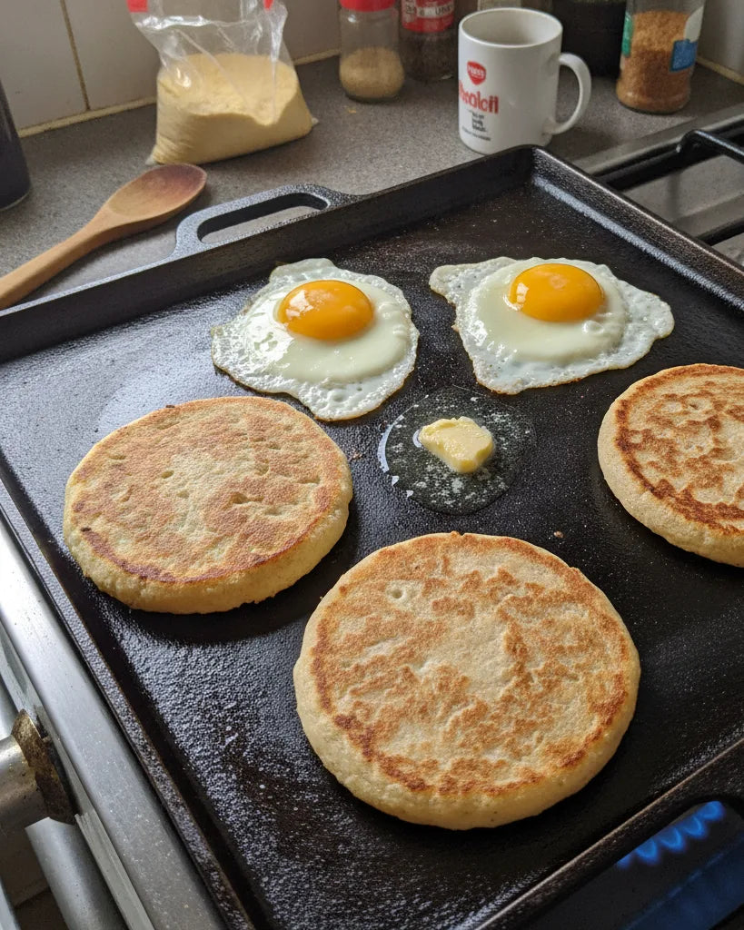 Arepas y huevos en el lado liso